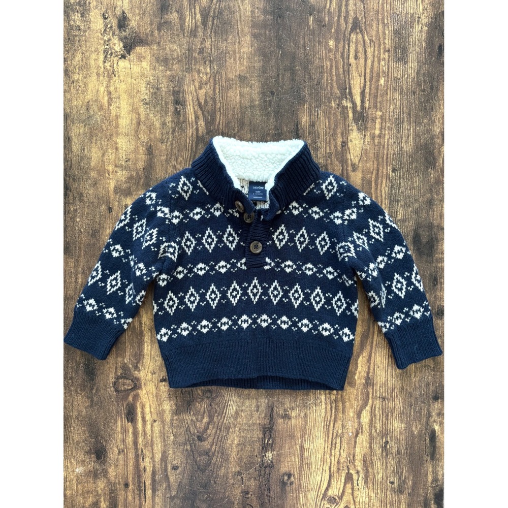 Baby Gap Navy Blue Fair Isle Fleece Lined Shawl Collar Sweater 6-12 Months